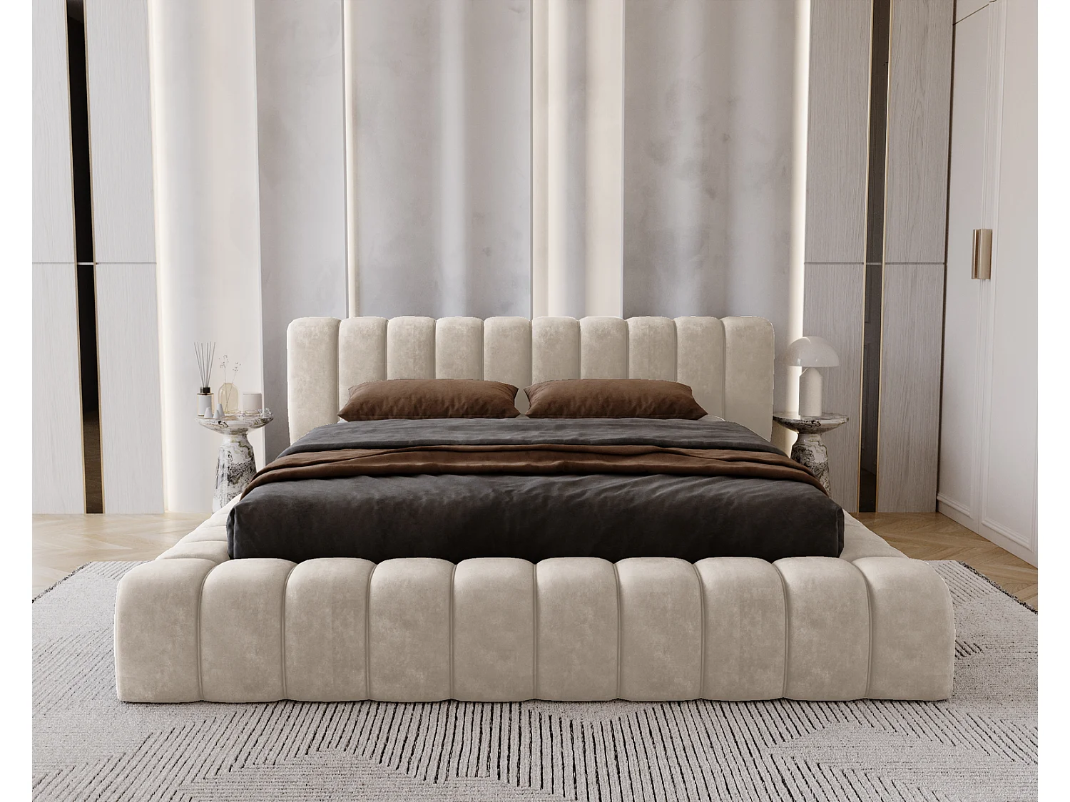 Emporius Lit avec Rangement 140x200cm Como, Lit capitonné, Lit adulte  - Mousse épaisse, tissu Velvet Beige (Whisper 2)