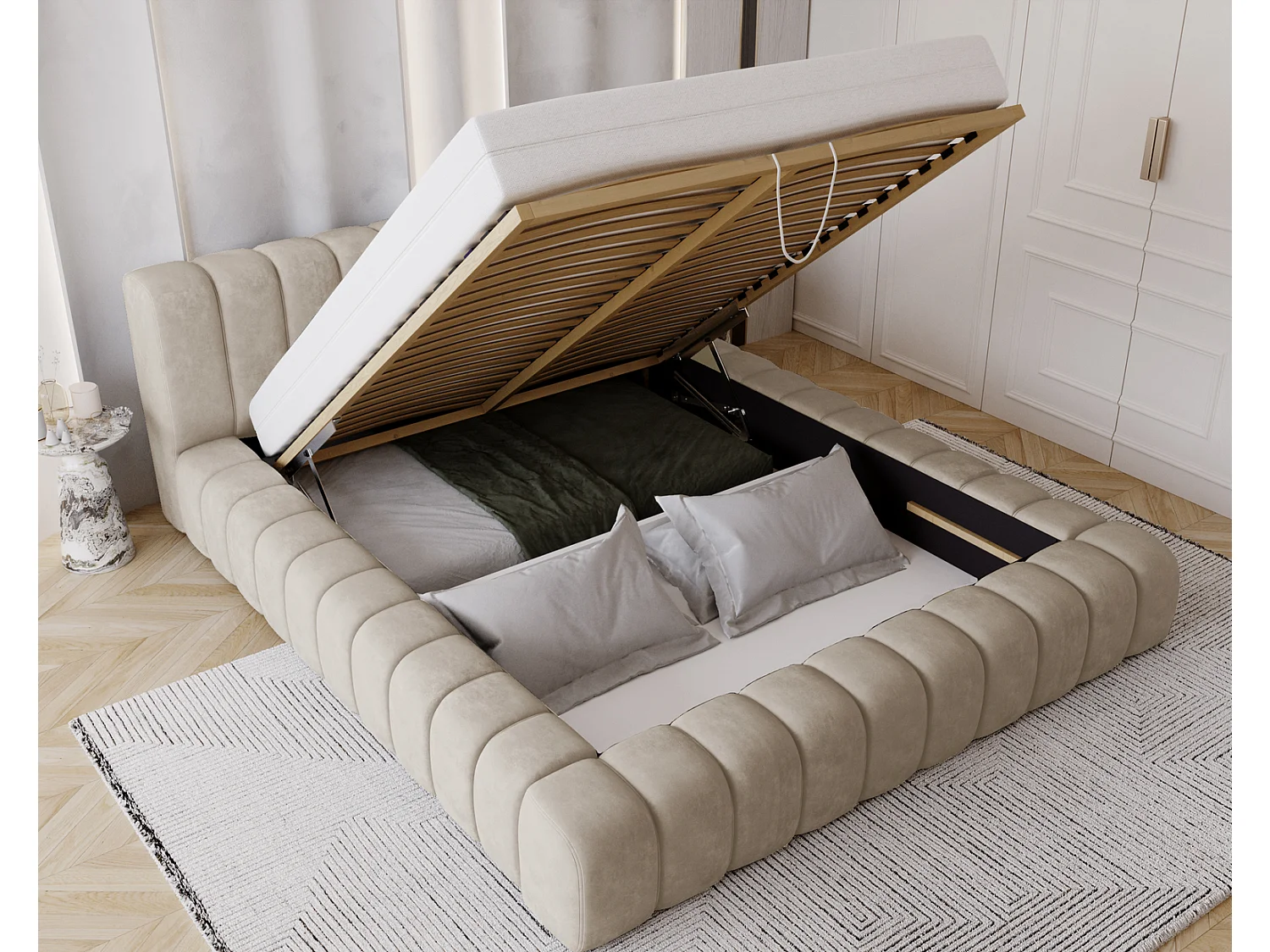 Emporius Lit avec Rangement 140x200cm Como, Lit capitonné, Lit adulte  - Mousse épaisse, tissu Velvet Beige (Whisper 2)