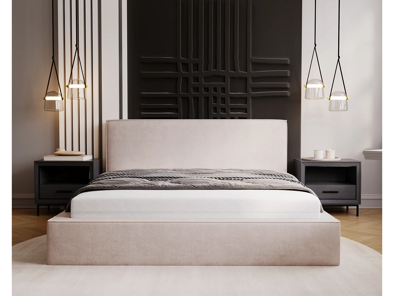 Emporius Gestoffeerd bed 200x200 Amare - tweepersoonsbed met opbergruimte - fluwelen Beige (Komodo 11)