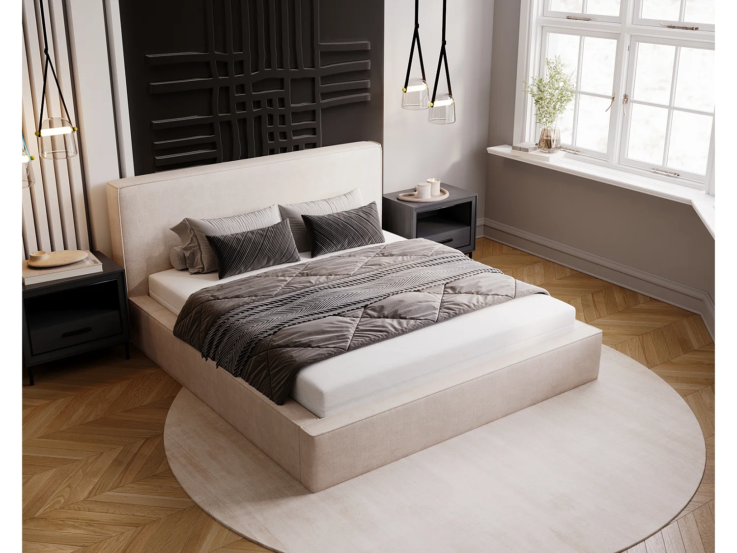 Emporius Lit double, lit adulte avec Rangement 200x200 cm Amare - Velour Beige (Komodo 11)