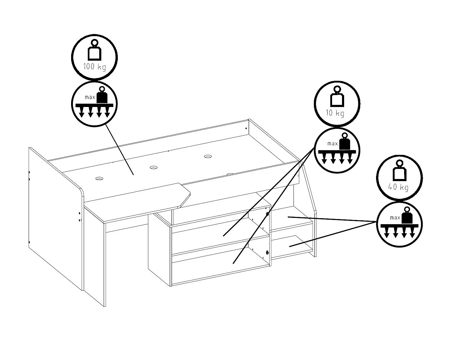 BETTKOMBINATION MIT KOMMODE & TISCH Multi weiß / grau 135 / 204 / 90cm