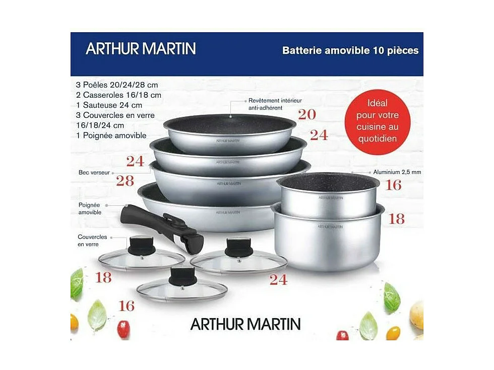 Batterie de cuisine Arthur Martin AM167S 10 pieces - Aluminium - Poignée amovible - Tous feux dont induction