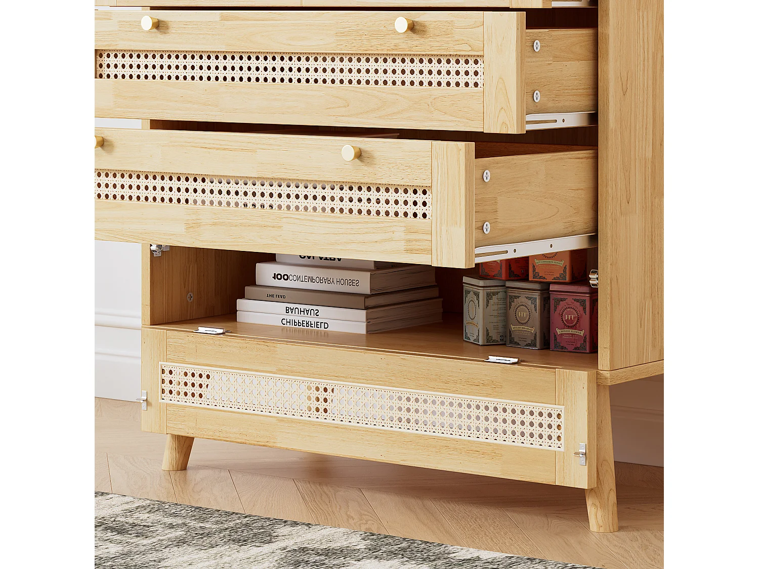 4-laags ladekast, met 3 lades, metalen handgreep, houten poot, rotan design, 80x40x83cm, naturel