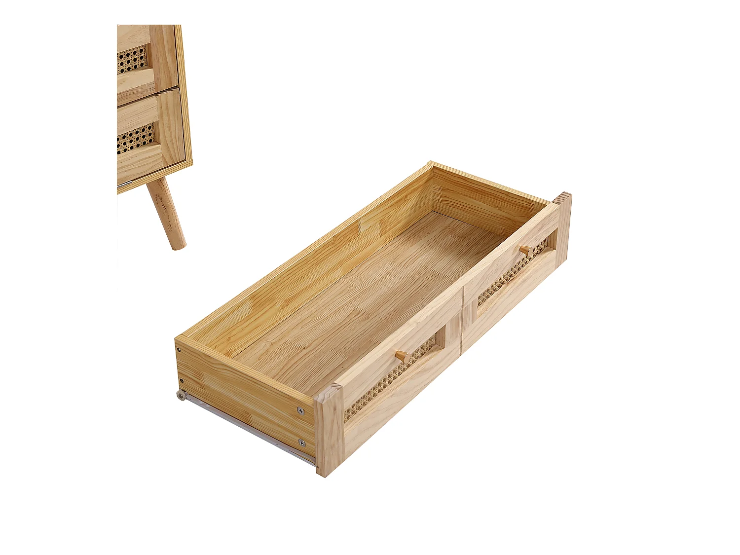 Commode à 4 niveaux, avec 3 tiroirs, poignée en métal, pied en bois, designe en rotin, 80x40x83cm, naturel