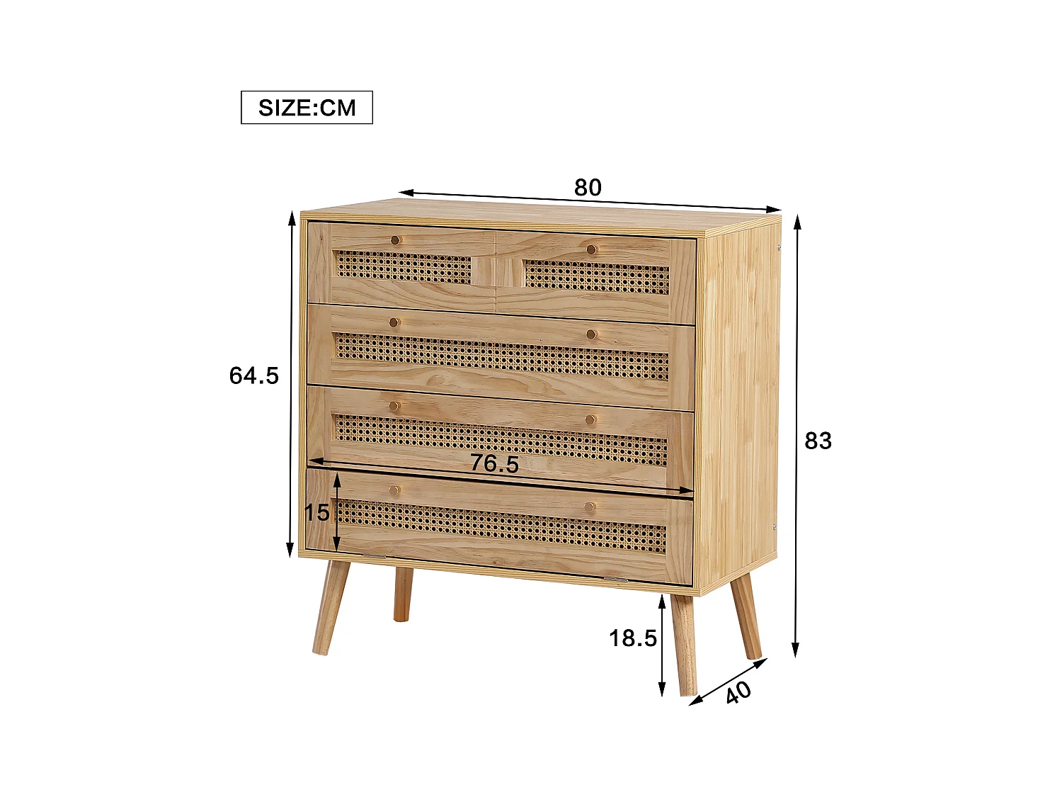 Commode à 4 niveaux, avec 3 tiroirs, poignée en métal, pied en bois, designe en rotin, 80x40x83cm, naturel
