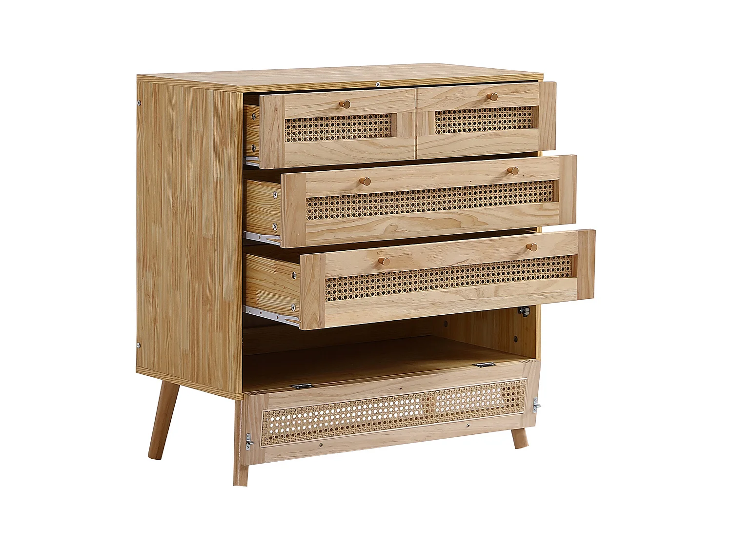 Commode à 4 niveaux, avec 3 tiroirs, poignée en métal, pied en bois, designe en rotin, 80x40x83cm, naturel
