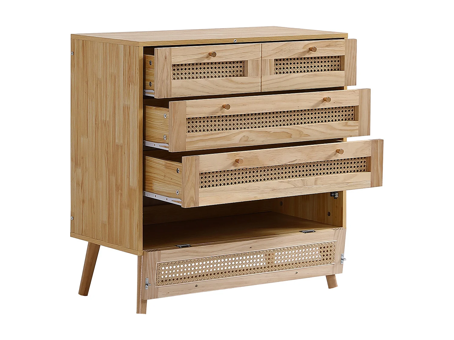 Commode à 4 niveaux, avec 3 tiroirs, poignée en métal, pied en bois, designe en rotin, 80x40x83cm, naturel