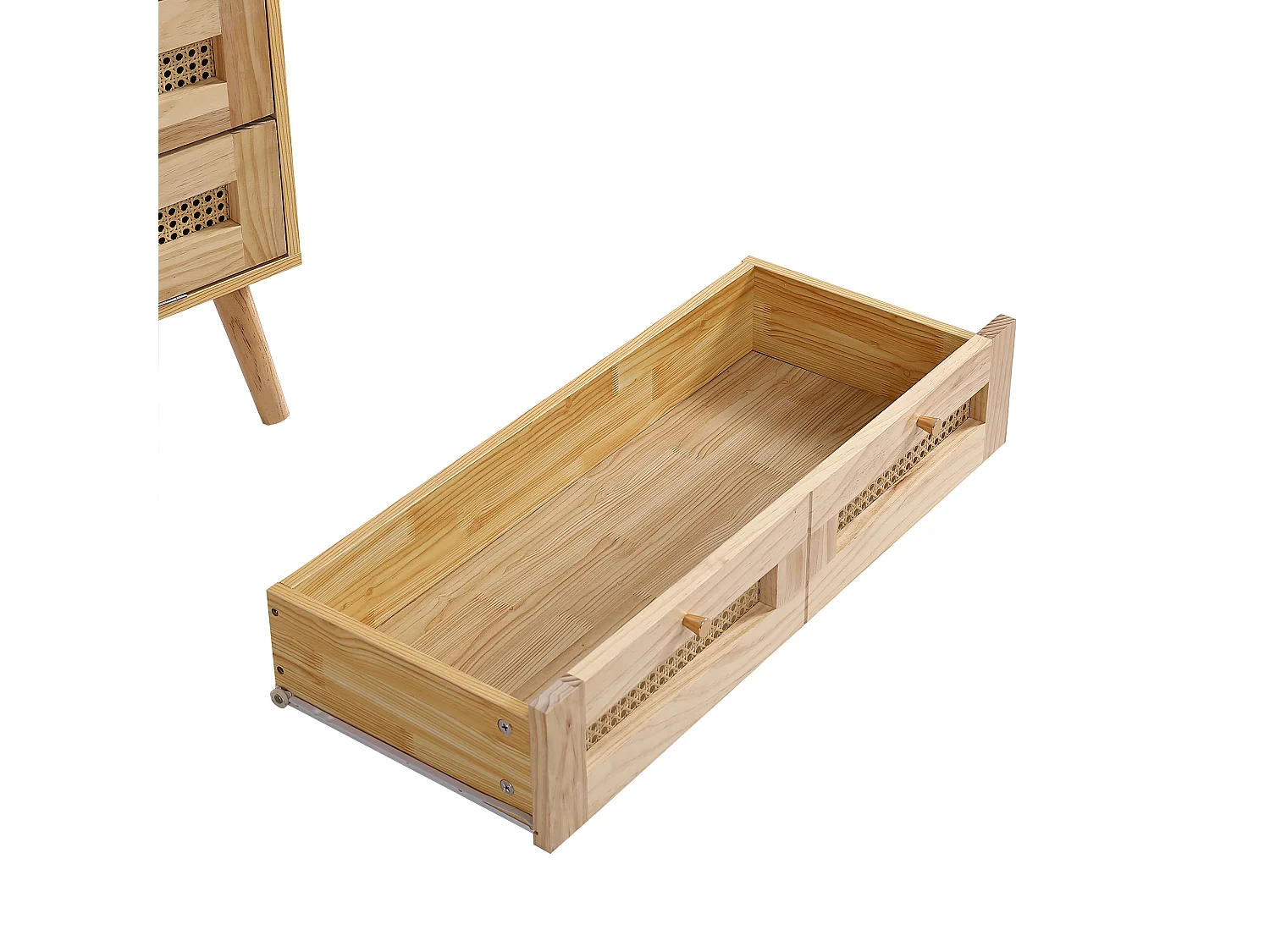 Commode à 4 niveaux, avec 3 tiroirs, poignée en métal, pied en bois, designe en rotin, 80x40x83cm, naturel