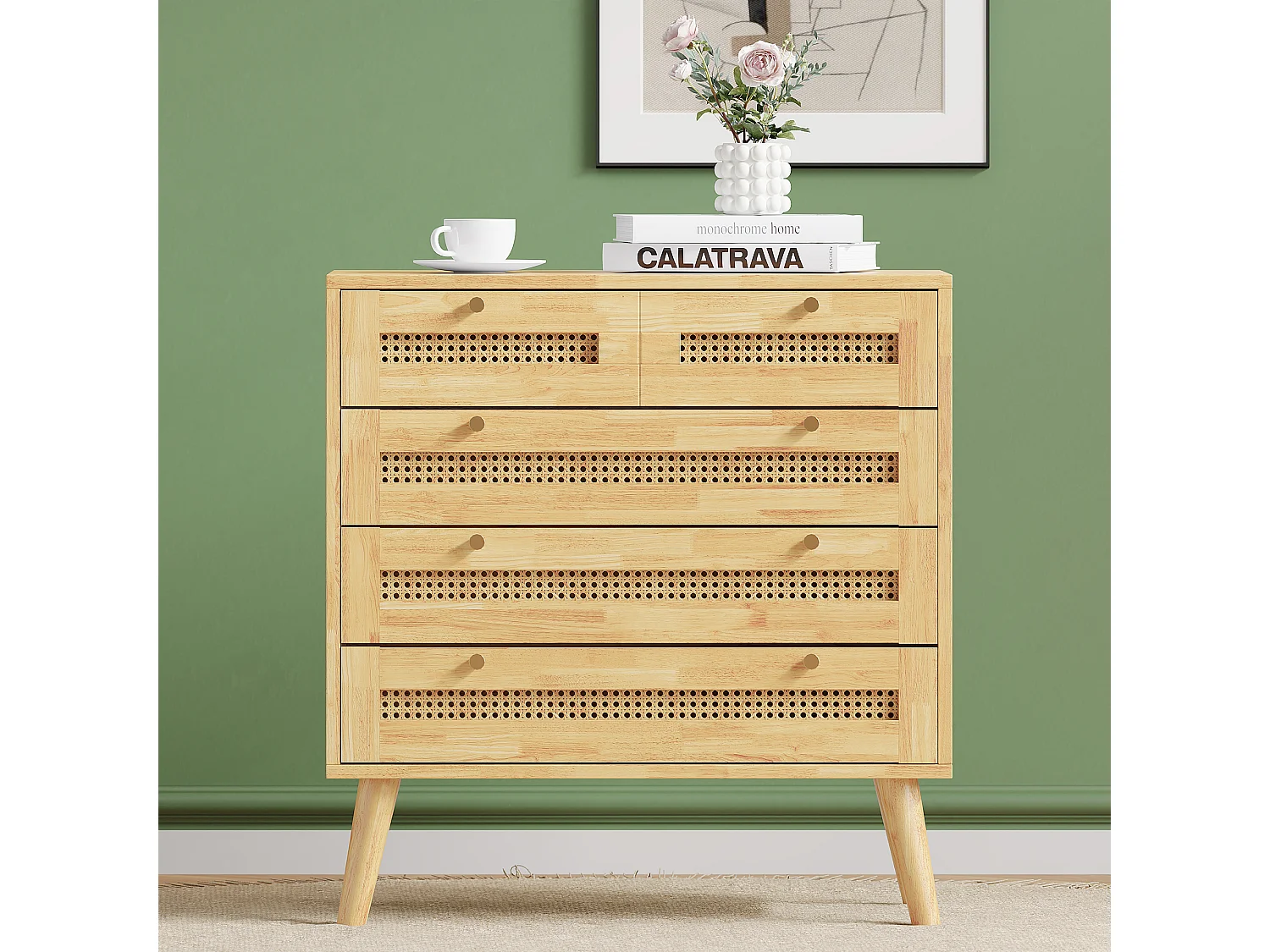 Commode à 4 niveaux, avec 3 tiroirs, poignée en métal, pied en bois, designe en rotin, 80x40x83cm, naturel