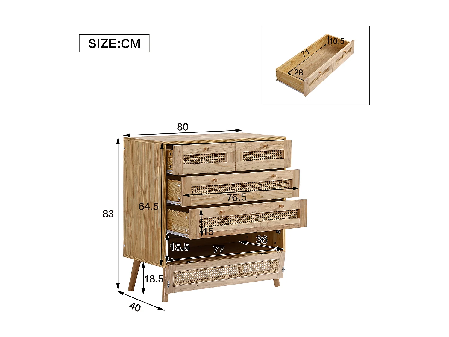 Commode à 4 niveaux, avec 3 tiroirs, poignée en métal, pied en bois, designe en rotin, 80x40x83cm, naturel