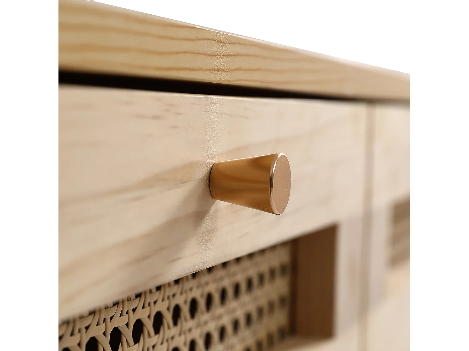 Commode à 4 niveaux, avec 3 tiroirs, poignée en métal, pied en bois, designe en rotin, 80x40x83cm, naturel