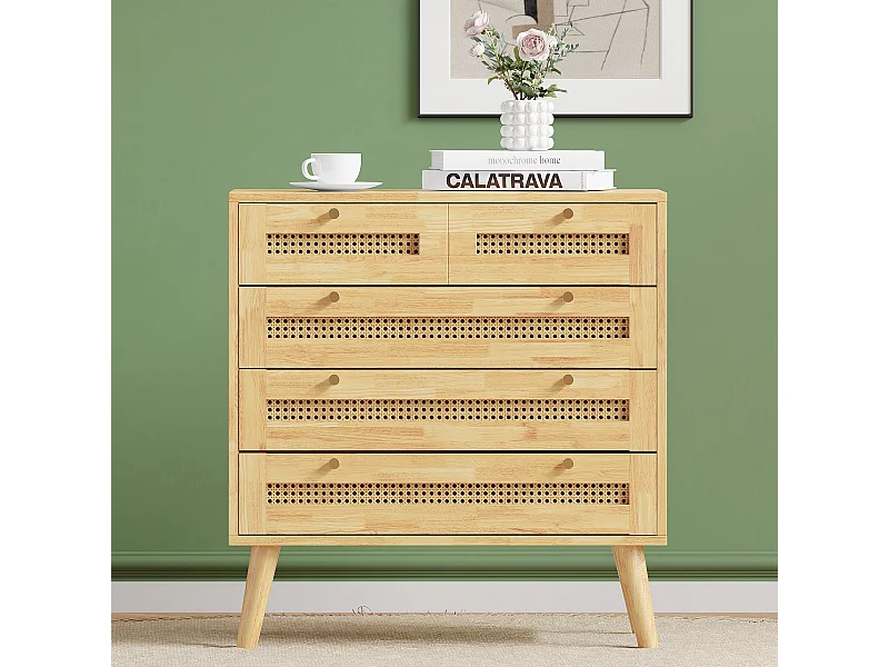 4-laags ladekast, met 3 lades, metalen handgreep, houten poot, rotan design, 80x40x83cm, naturel