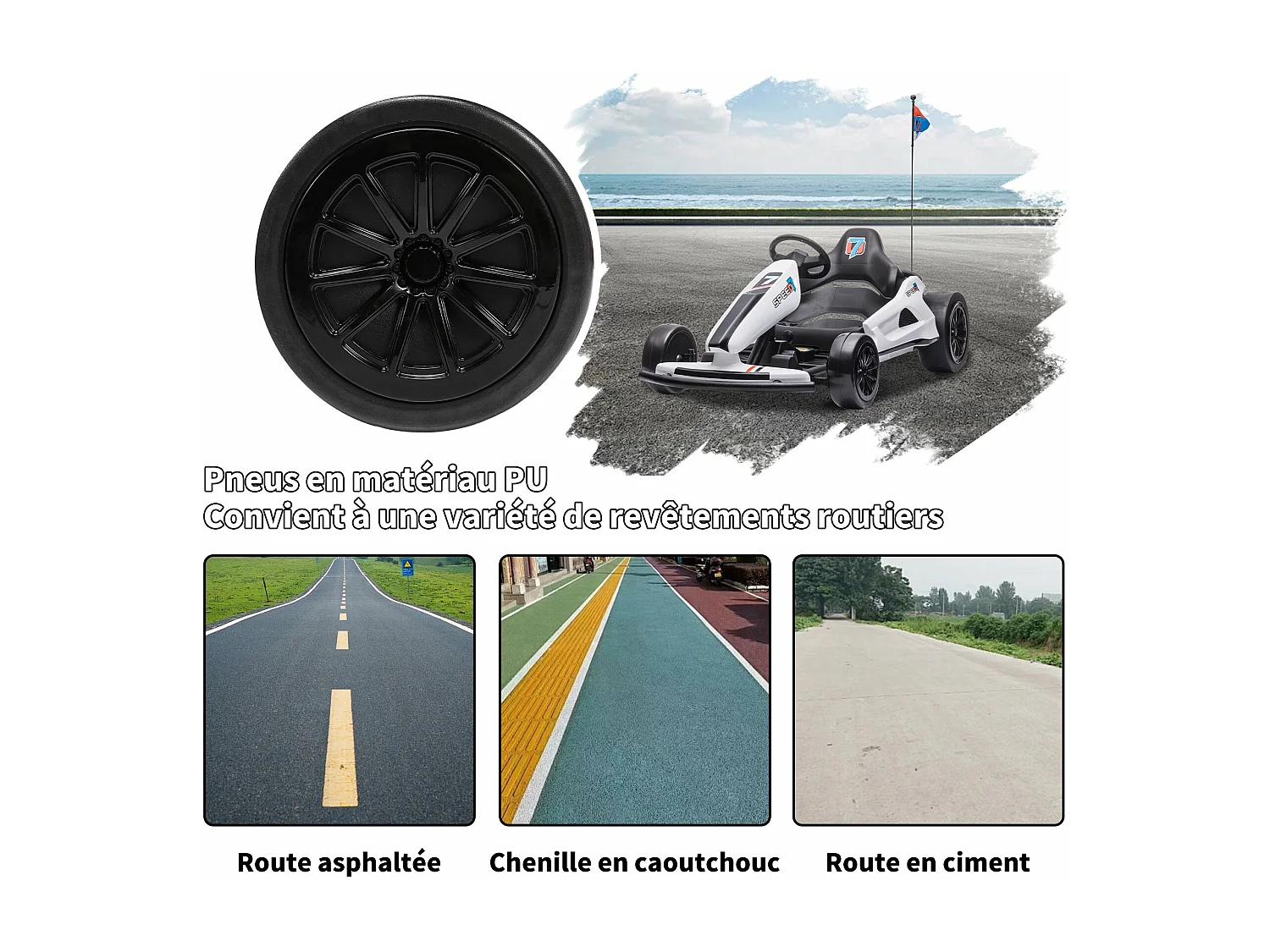 HOMEMiYN Kart électrique de drift 24V 13 km/h avec démarrage progressif, musique, klaxon, ceinture de sécurité pour enfants de 8 à 12 ans, (Blanc).