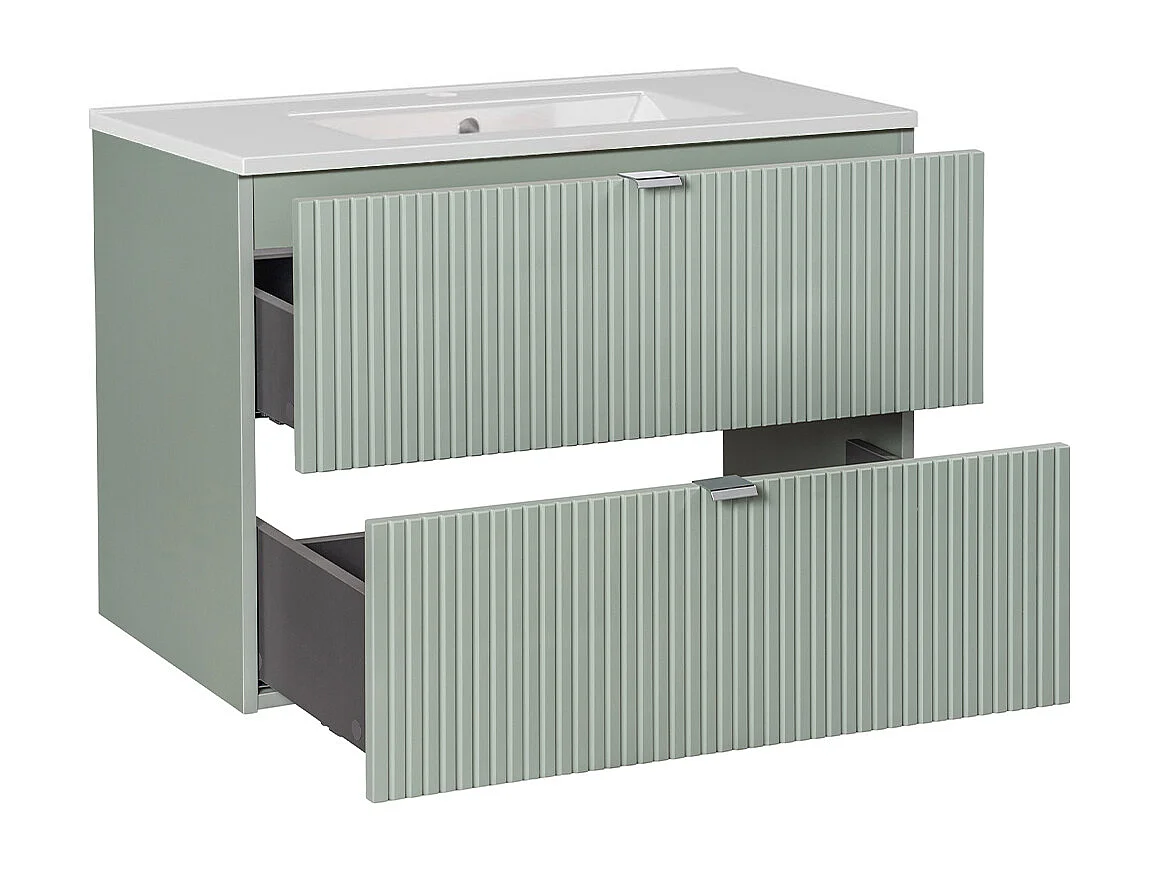 Ensemble meuble simple vasque encastrée 80cm 2 tiroirs et colonne Jade Vert et Bois