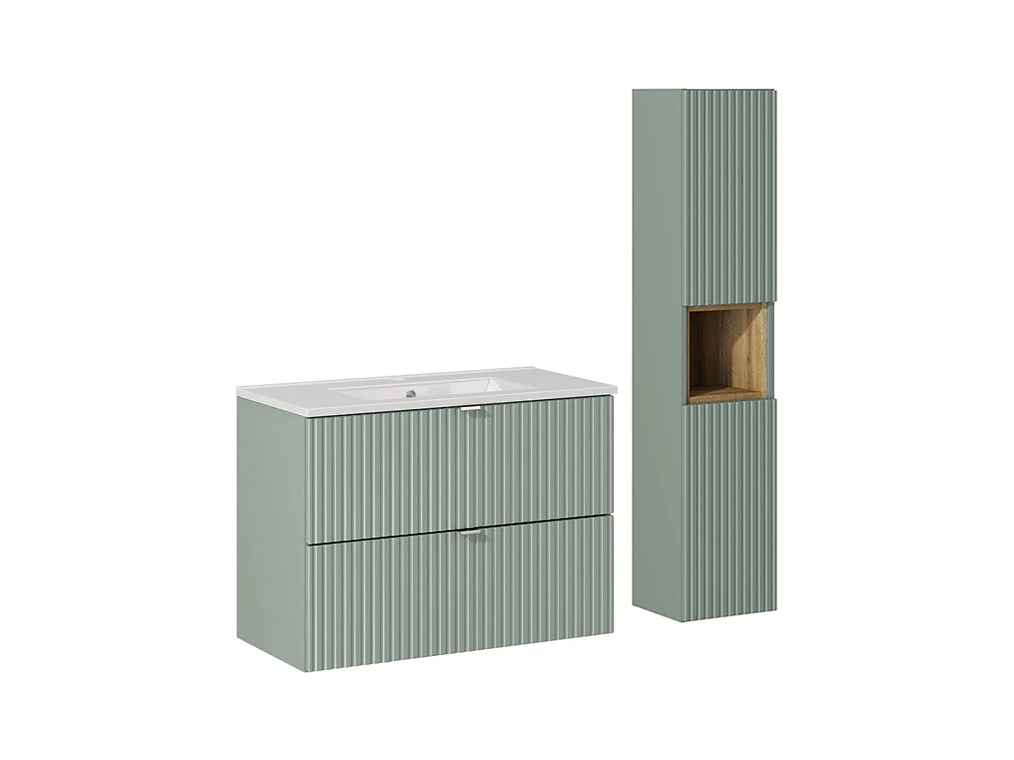 Ensemble meuble simple vasque encastrée 80cm 2 tiroirs et colonne Jade Vert et Bois