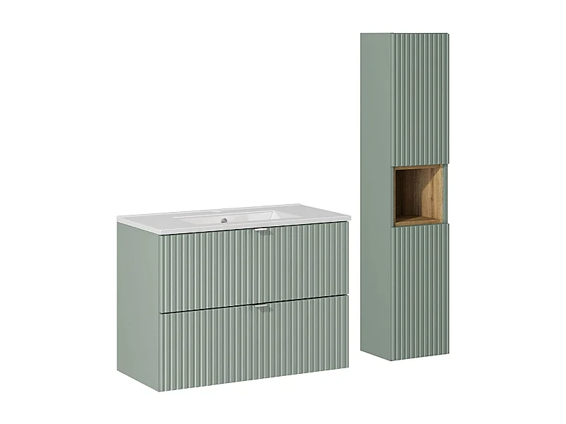 Ensemble meuble simple vasque encastrée 80cm 2 tiroirs et colonne Jade Vert et Bois