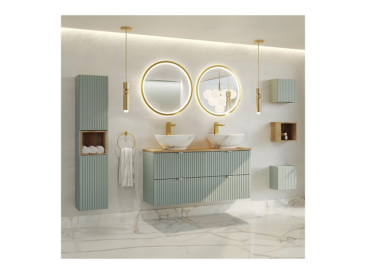 Ensemble meuble double vasque 120cm 4 tiroirs colonne et 3 armoires murales Jade Vert et Bois