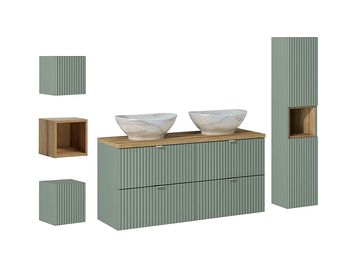 Ensemble meuble double vasque 120cm 4 tiroirs colonne et 3 armoires murales Jade Vert et Bois