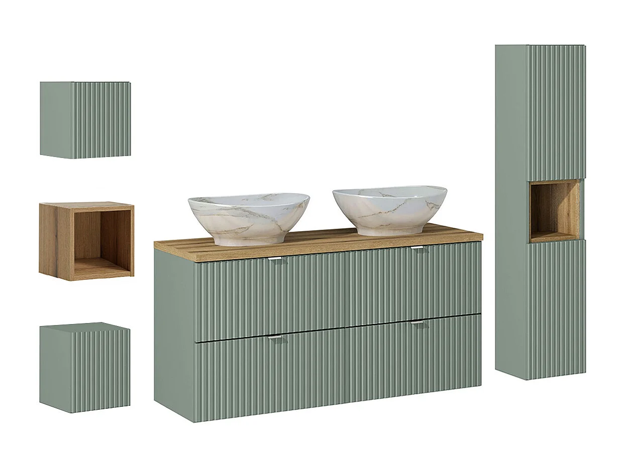 Sæt med 120 cm dobbelt håndvask med 4 skuffer og 3 overskabe Jade Green og Wood
