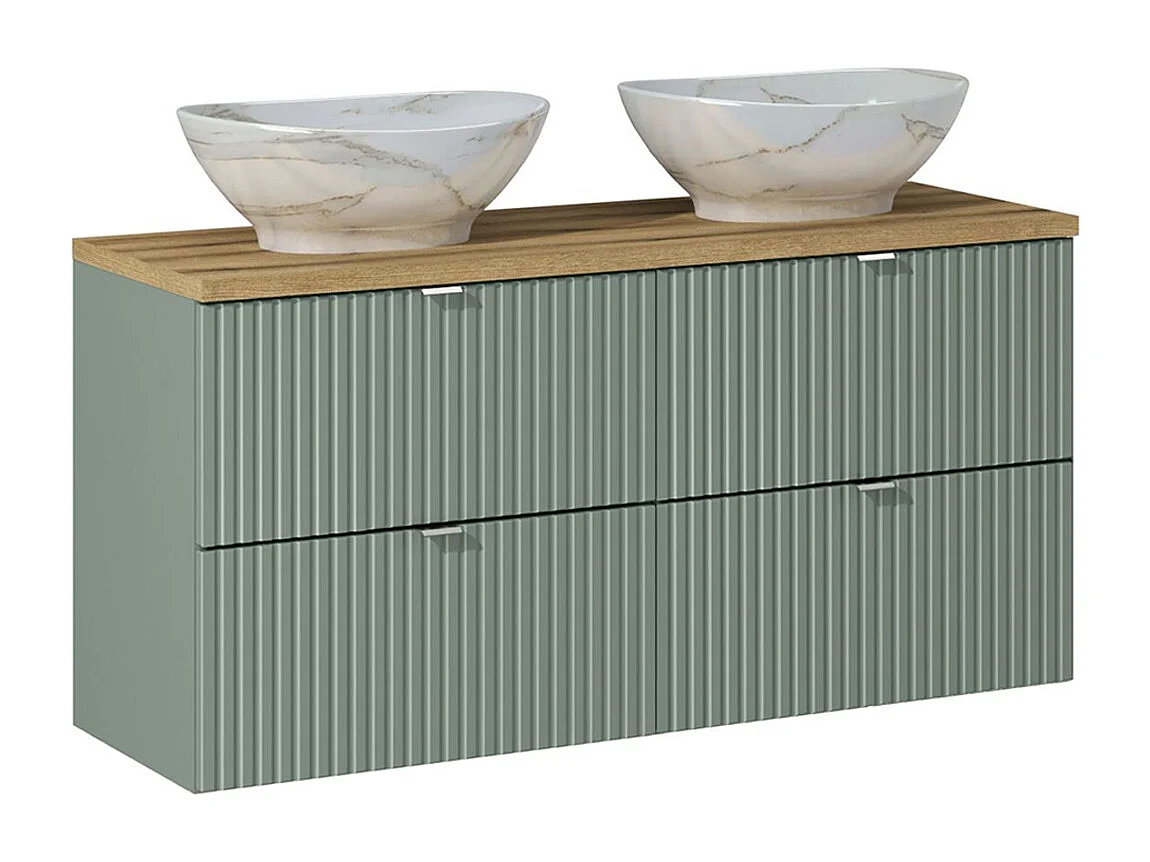 Sæt med 120 cm dobbelt håndvask med 4 skuffer og 3 overskabe Jade Green og Wood