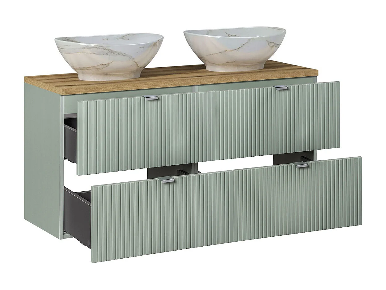 Sæt med 120 cm dobbelt håndvask med 4 skuffer og 3 overskabe Jade Green og Wood