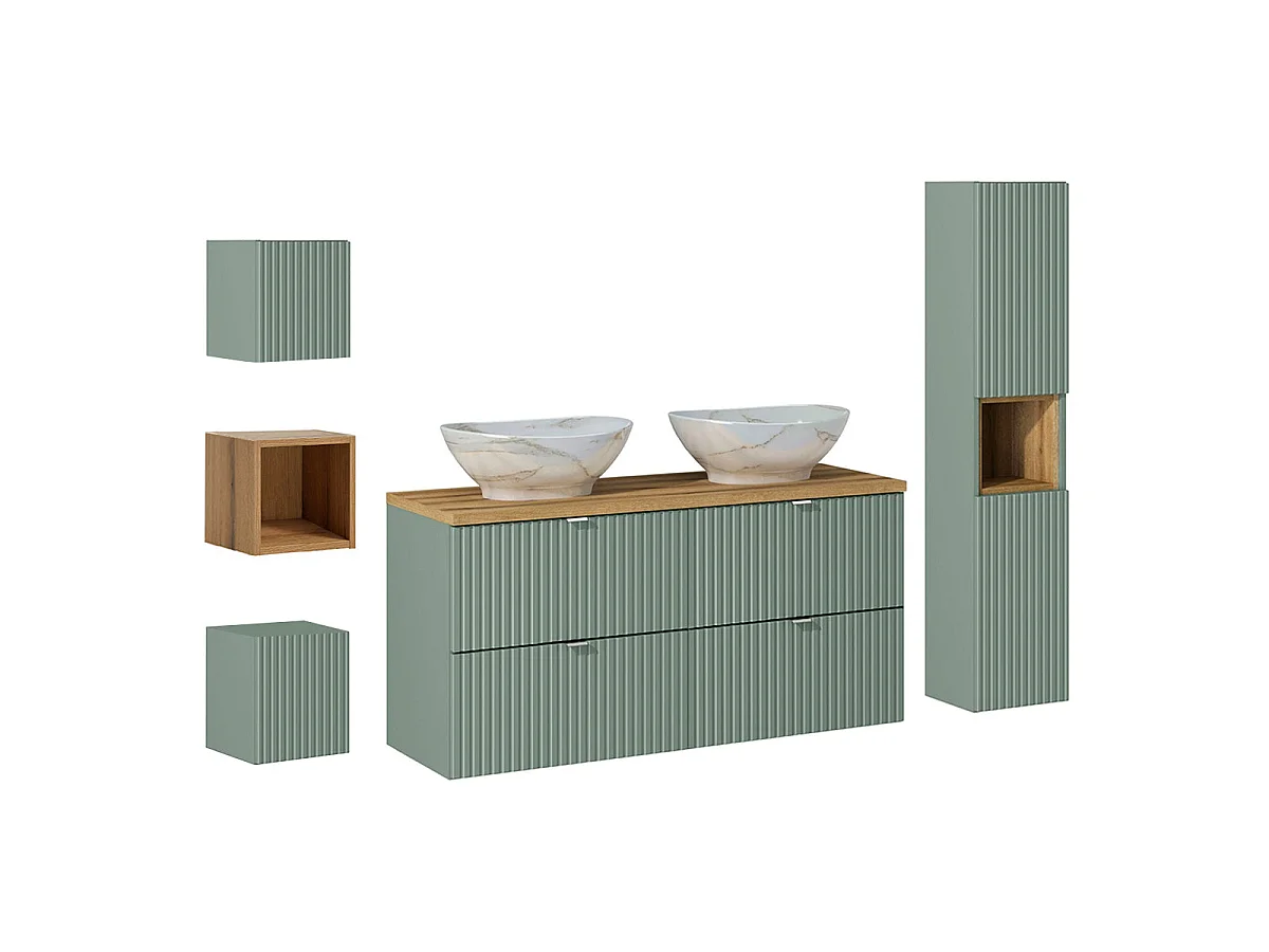 Set van 120cm dubbele wastafel met 4 lades en 3 wandkasten Jade Green en Wood
