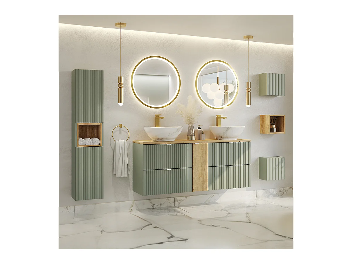 Ensemble meuble double vasque 140cm 4 tiroirs colonne et 3 armoires murales Jade Vert et Bois