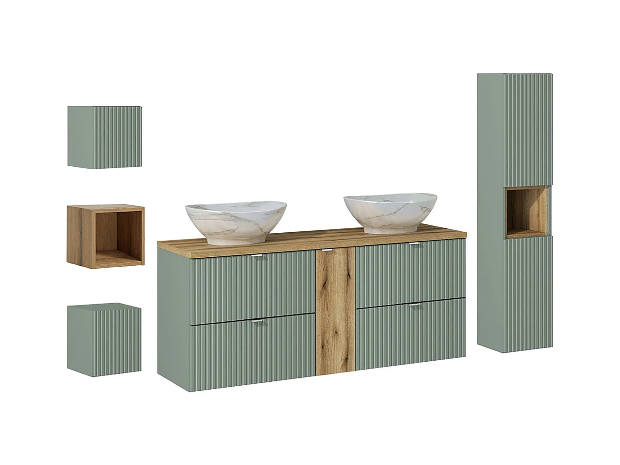Conjunto de muebles con doble lavabo 140cm 4 cajones columna y 3 armarios de pared Jade Verde y Madera