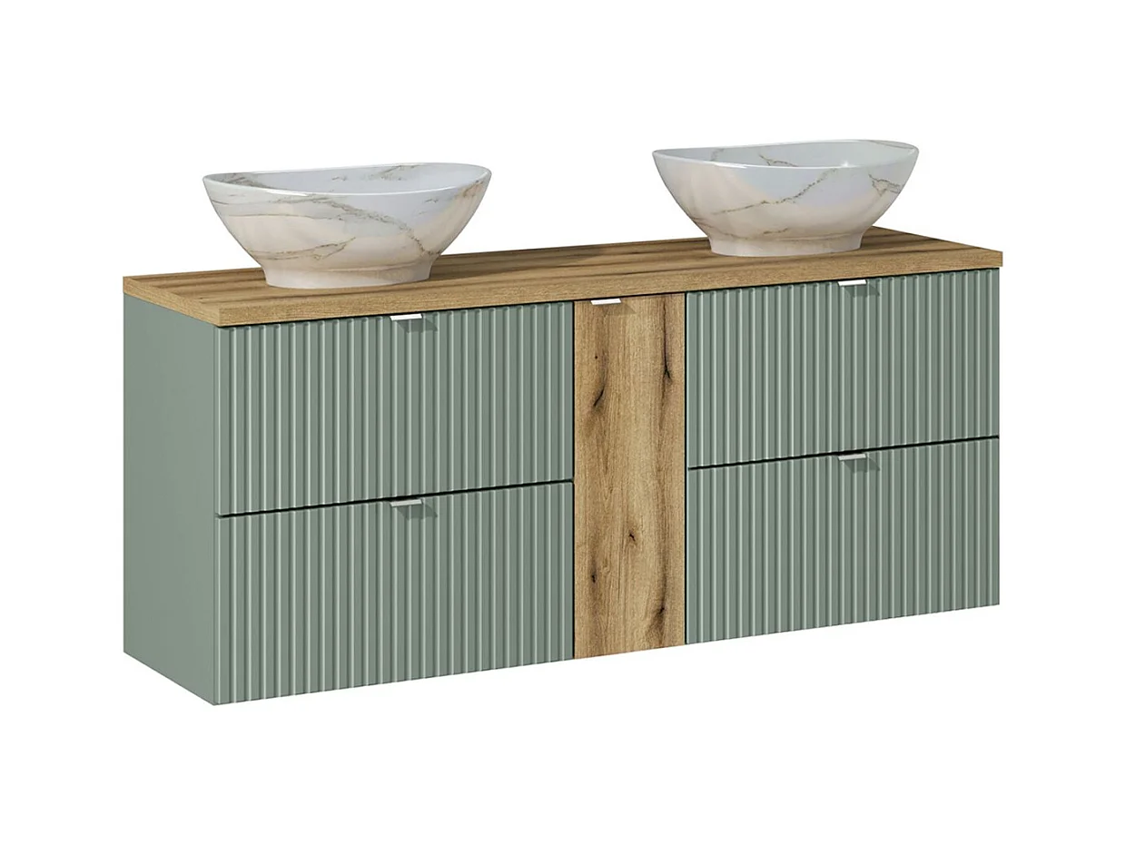 Conjunto de muebles con doble lavabo 140cm 4 cajones columna y 3 armarios de pared Jade Verde y Madera
