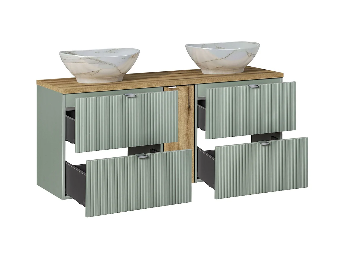 Conjunto de muebles con doble lavabo 140cm 4 cajones columna y 3 armarios de pared Jade Verde y Madera