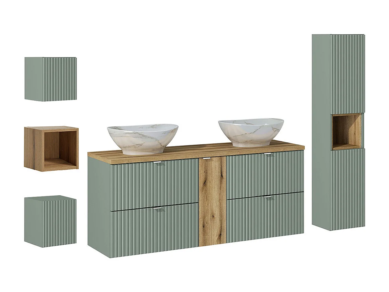 Sæt med 140 cm dobbelt håndvask med 4 skuffer og 3 overskabe Jade Green og Wood