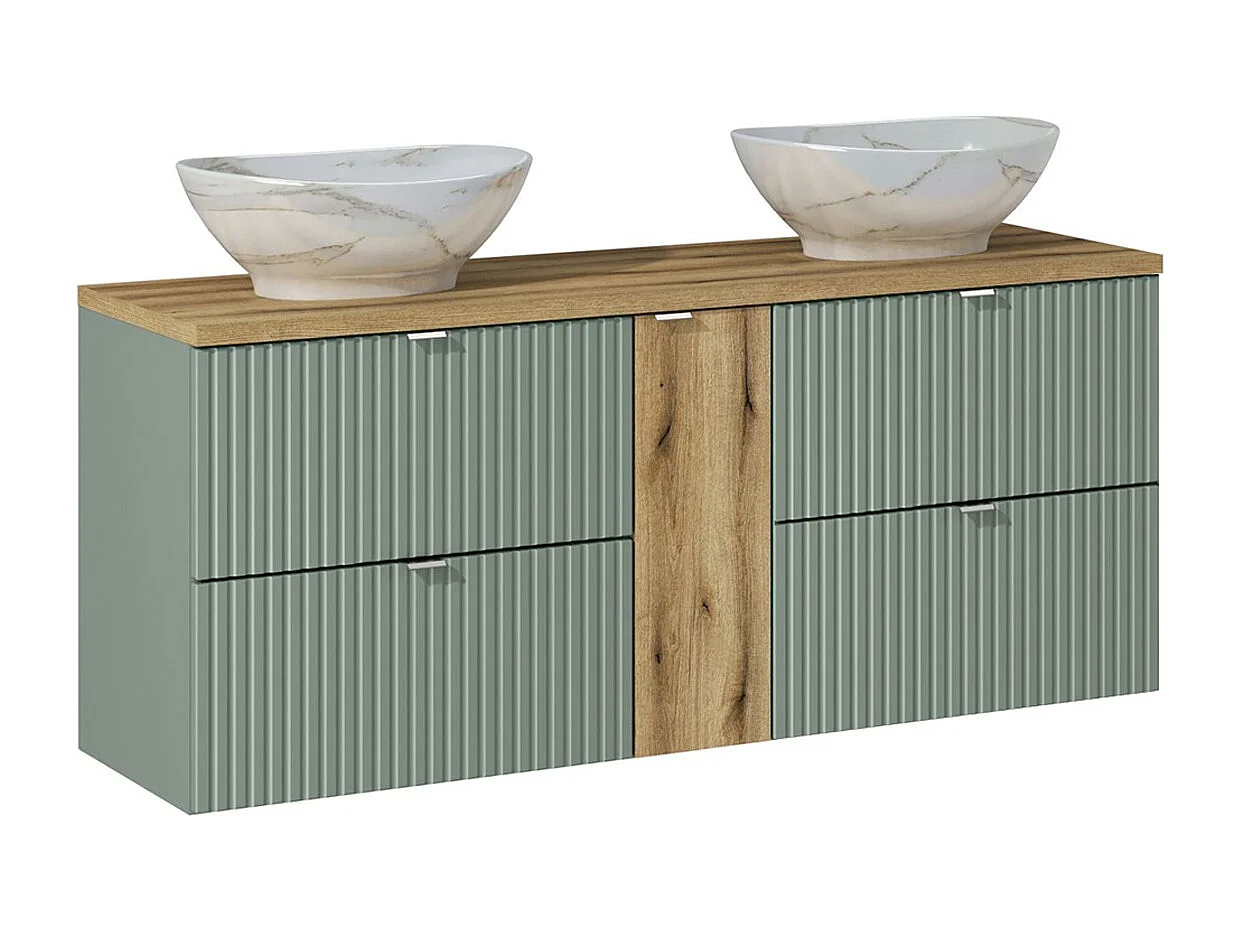 Sæt med 140 cm dobbelt håndvask med 4 skuffer og 3 overskabe Jade Green og Wood
