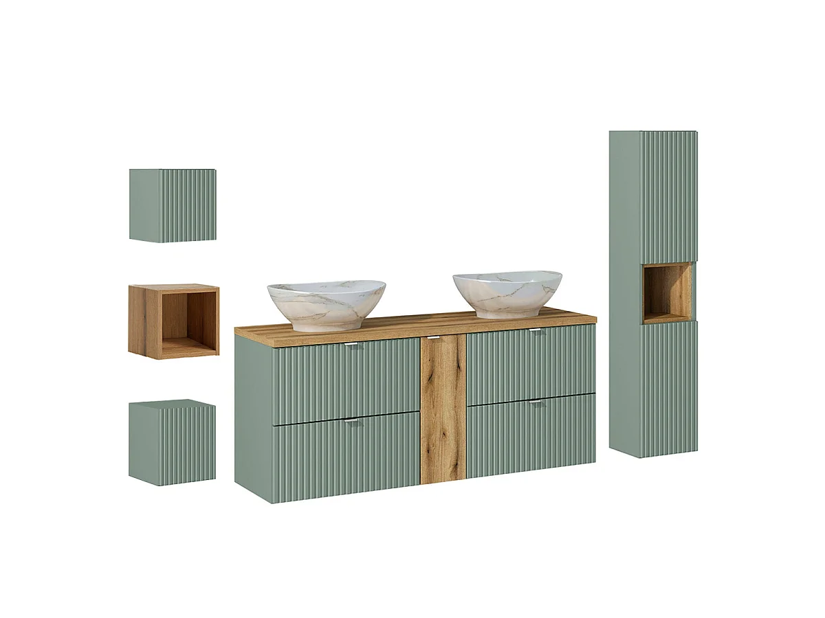 Ensemble meuble double vasque 140cm 4 tiroirs colonne et 3 armoires murales Jade Vert et Bois