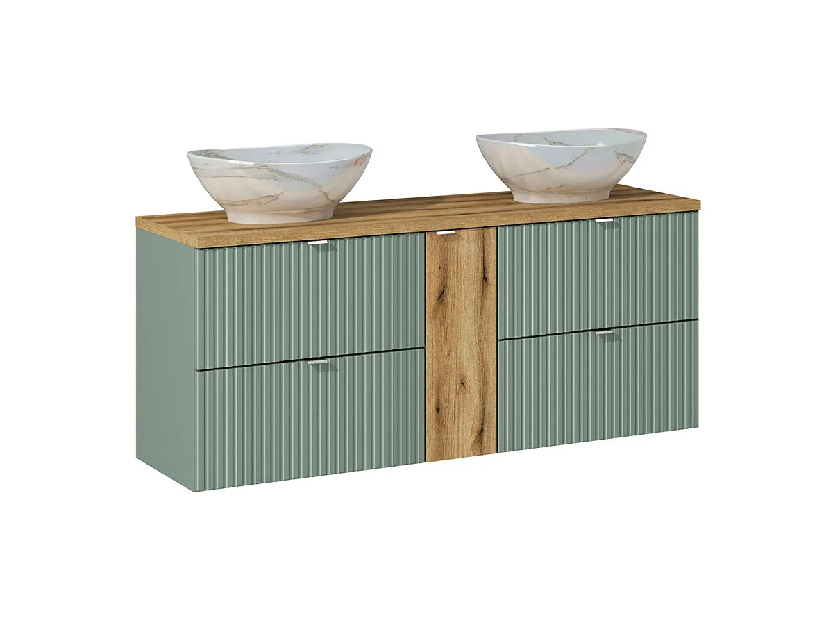 Ensemble meuble double vasque 140cm 4 tiroirs colonne et 3 armoires murales Jade Vert et Bois