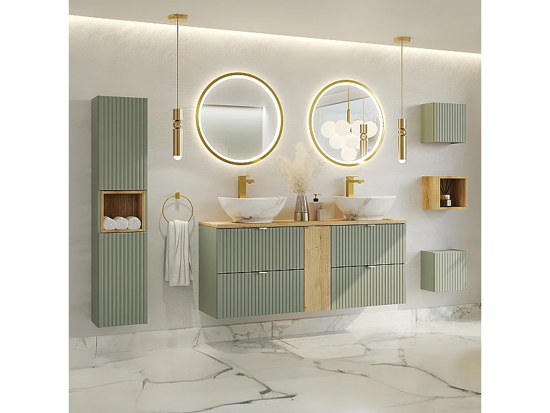 Conjunto de muebles con doble lavabo 140cm 4 cajones columna y 3 armarios de pared Jade Verde y Madera