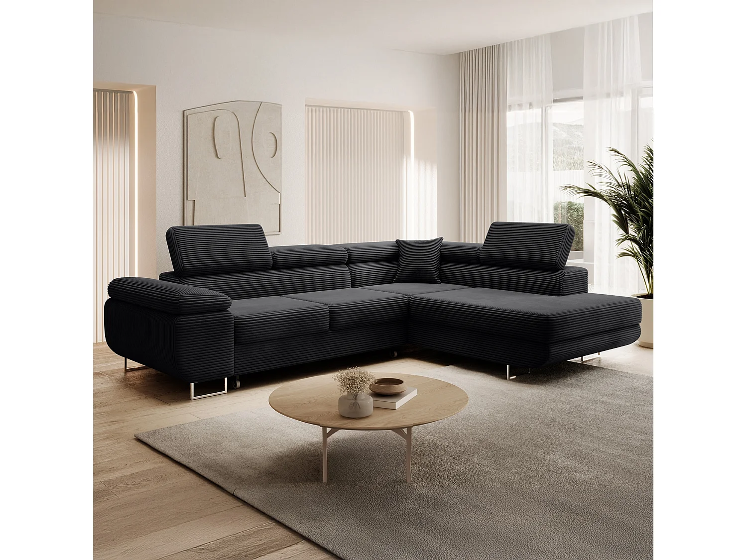 Canapé d'angle droit convertible Marius velours côtelé Noir