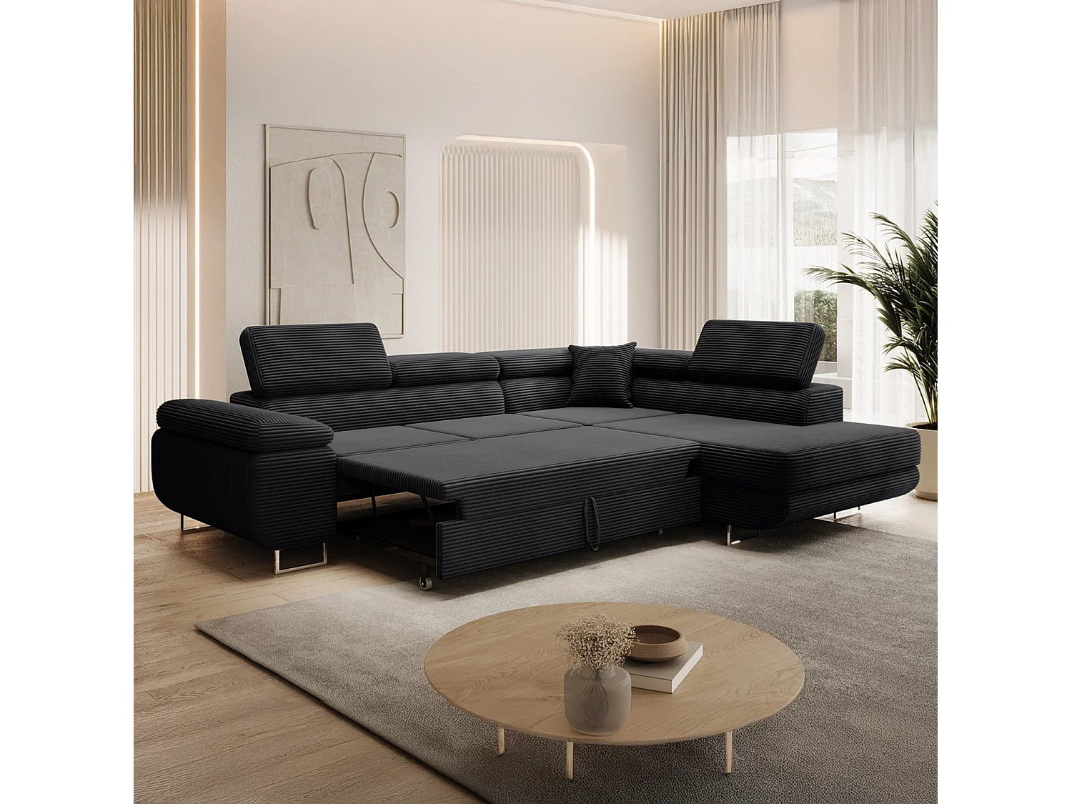 Canapé d'angle droit convertible Marius velours côtelé Noir