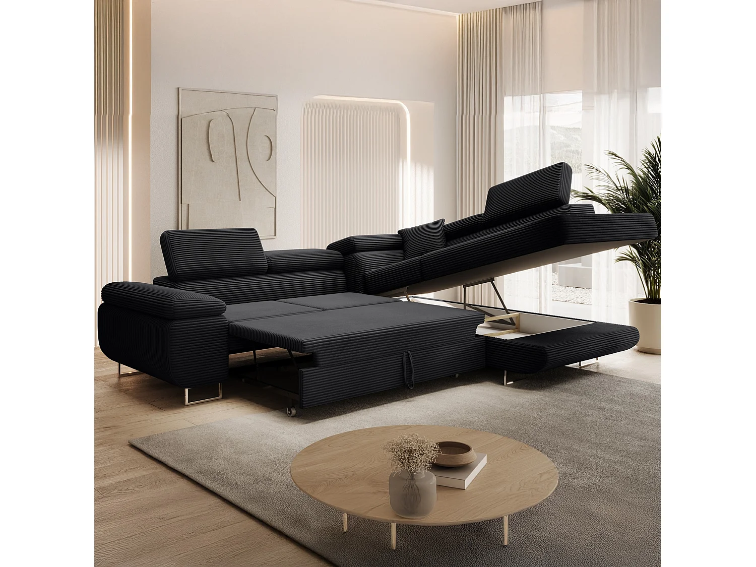 Canapé d'angle droit convertible Marius velours côtelé Noir