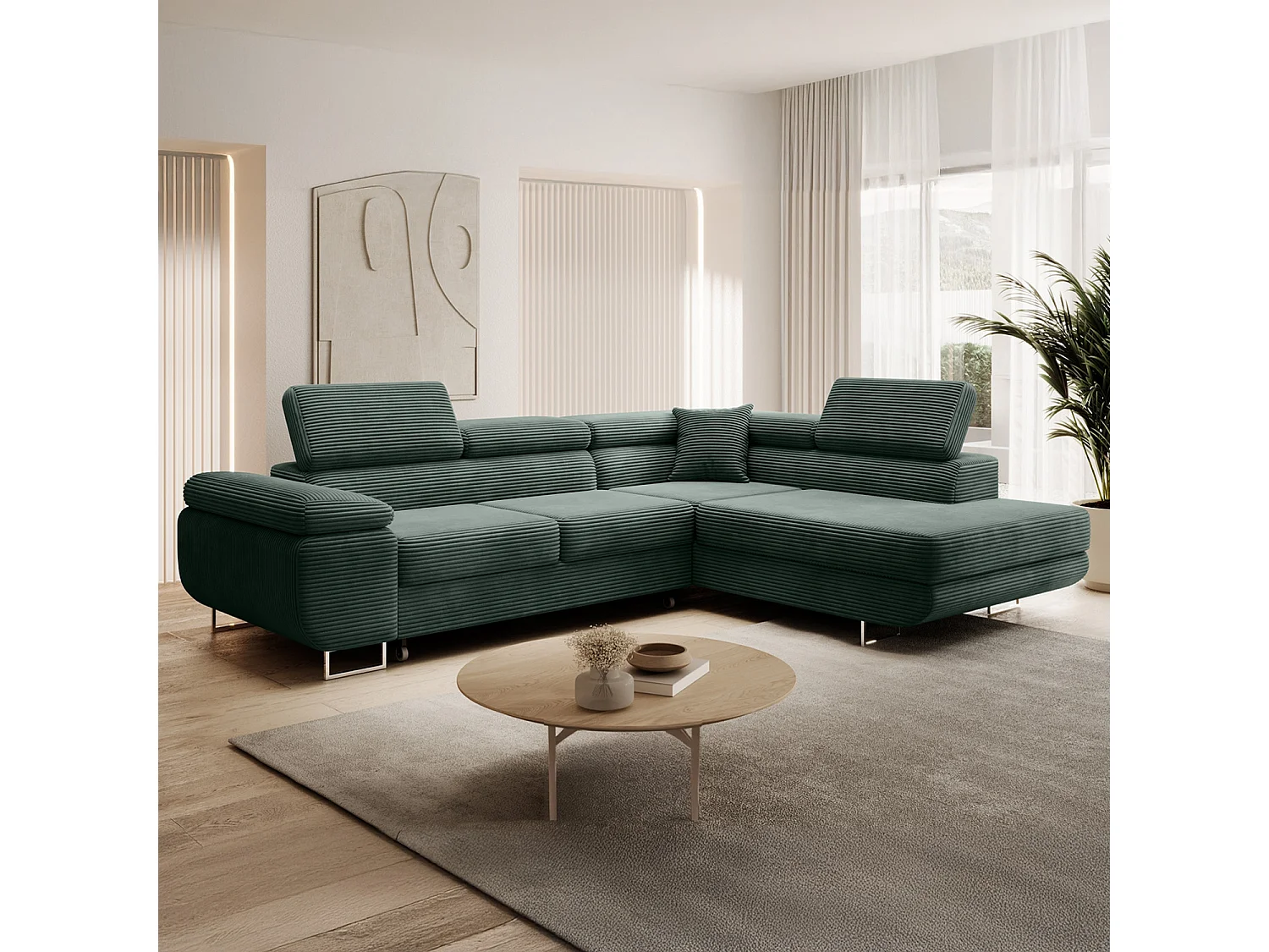 Canapé d'angle droit convertible Marius velours côtelé Vert