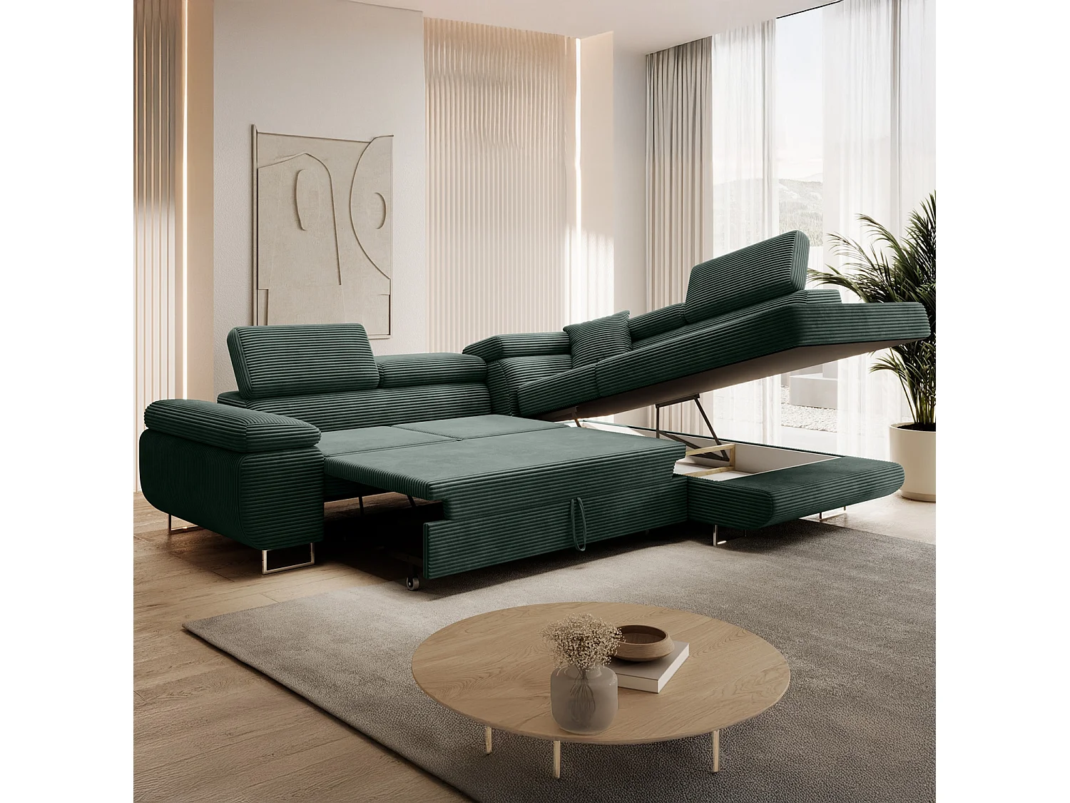 Canapé d'angle droit convertible Marius velours côtelé Vert