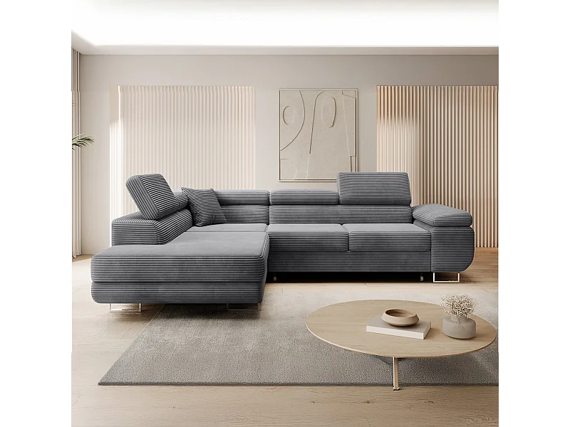 Canapé d'angle gauche convertible Marius velours côtelé Gris foncé