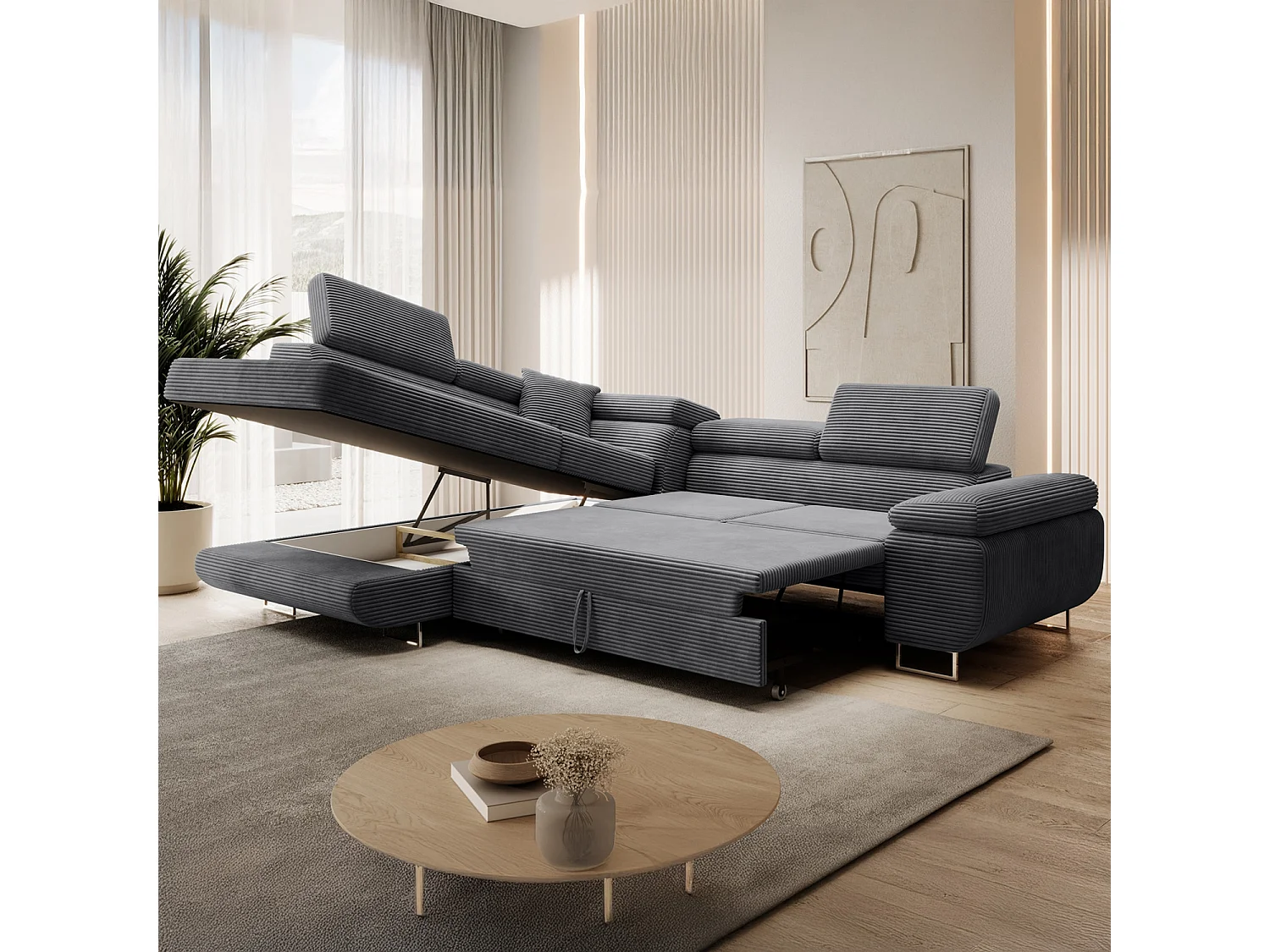 Canapé d'angle gauche convertible Marius velours côtelé Gris foncé