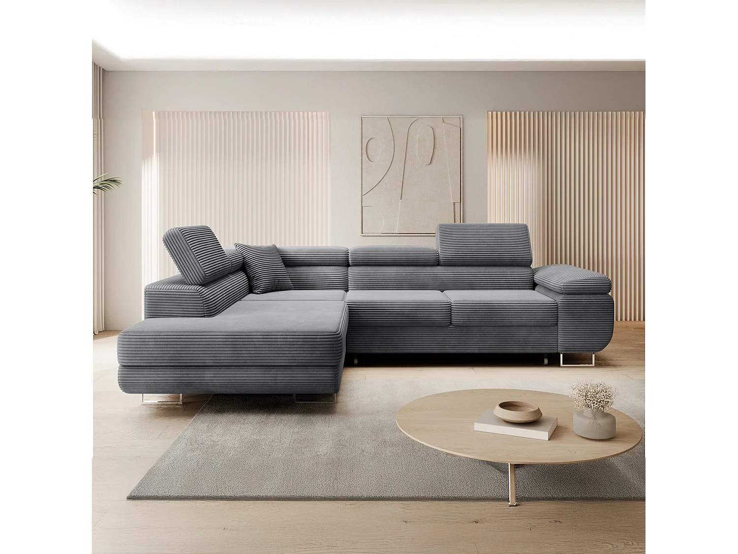 Canapé d'angle gauche convertible Marius velours côtelé Gris foncé