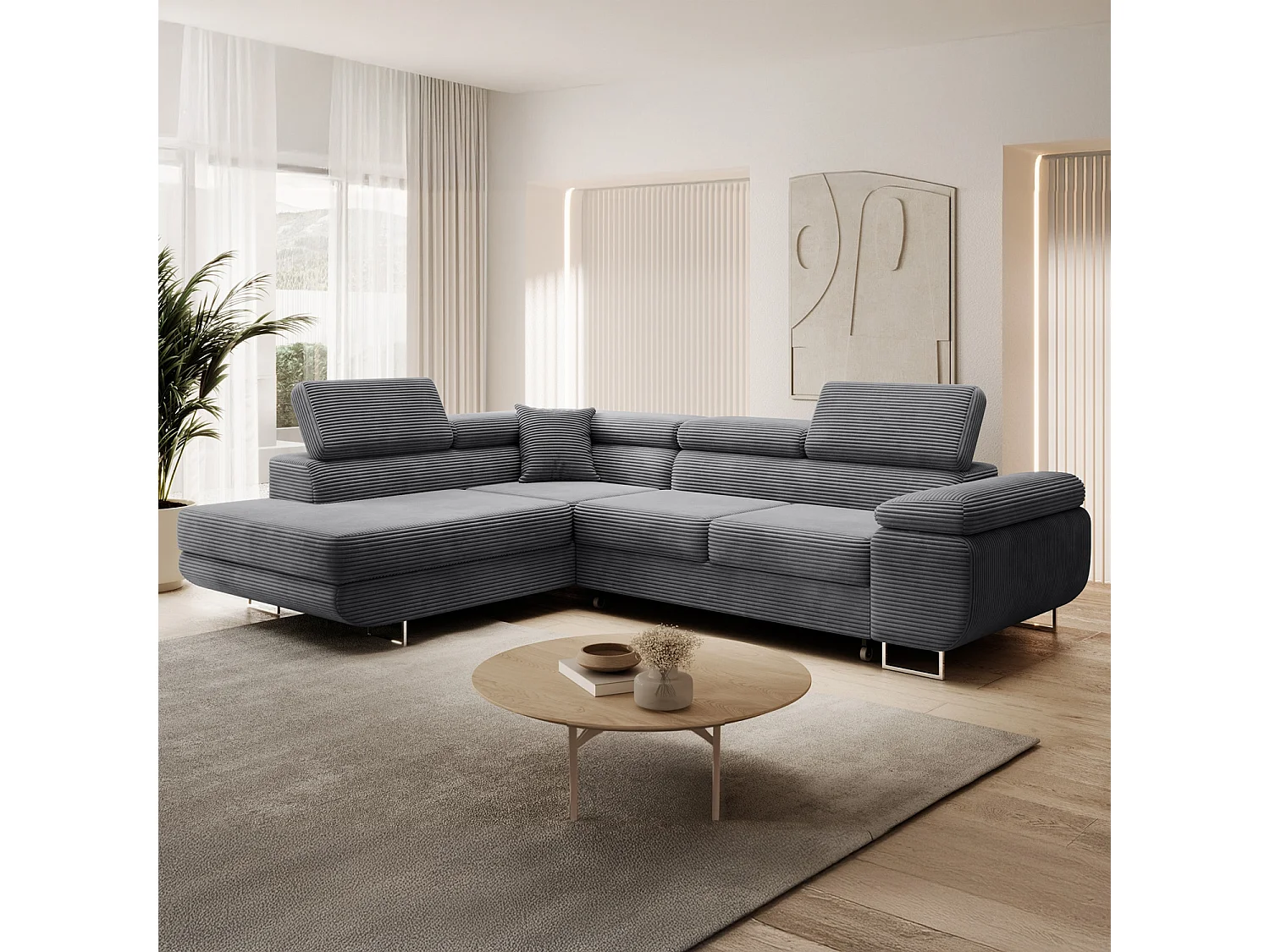 Canapé d'angle gauche convertible Marius velours côtelé Gris foncé