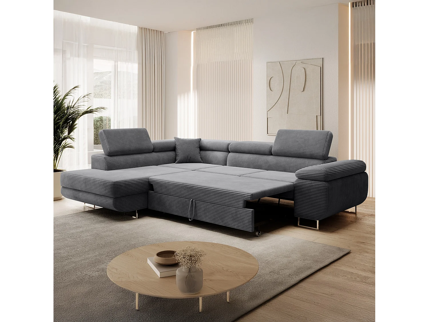 Canapé d'angle gauche convertible Marius velours côtelé Gris foncé