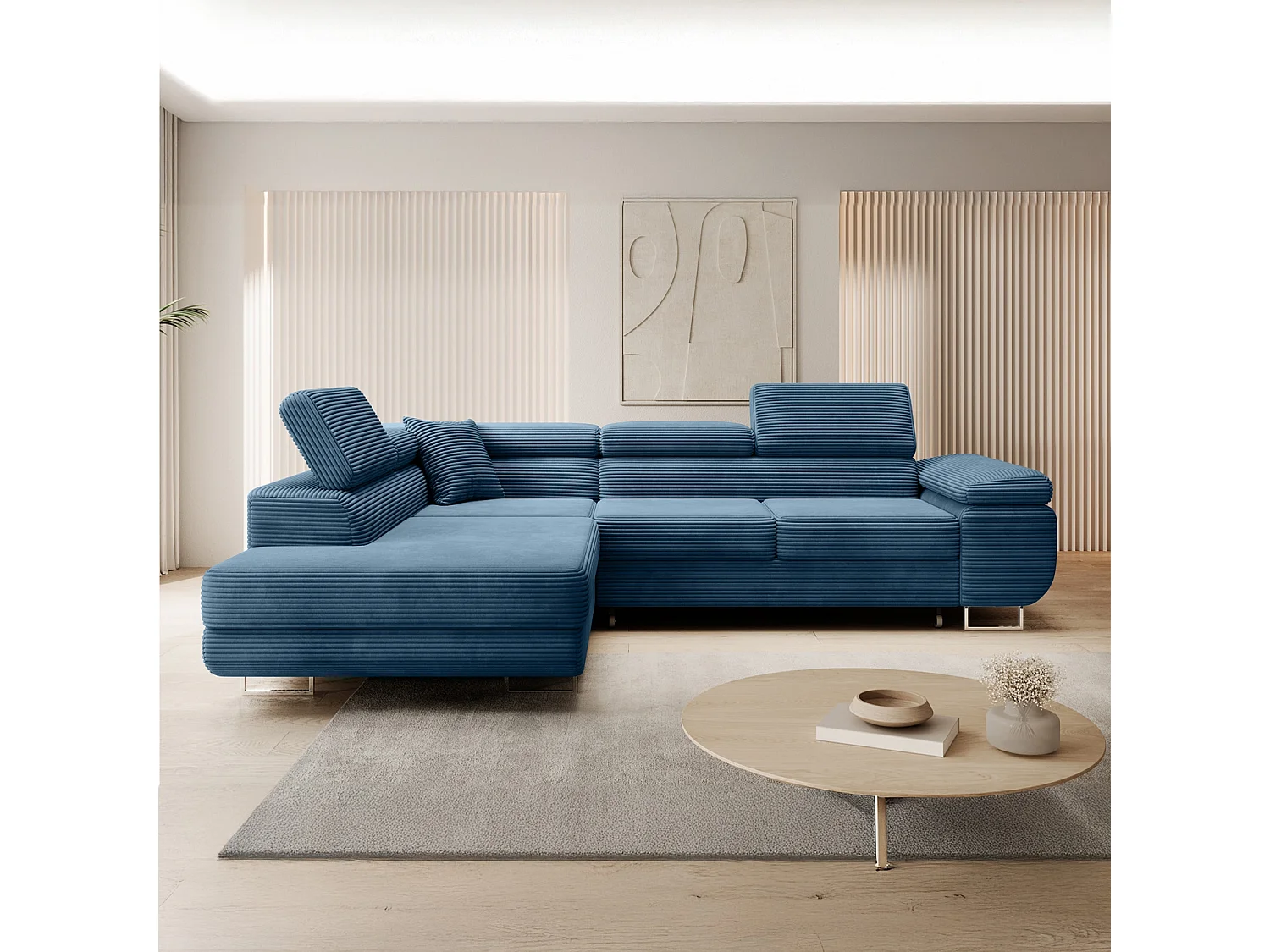 Canapé d'angle gauche convertible Marius velours côtelé Bleu