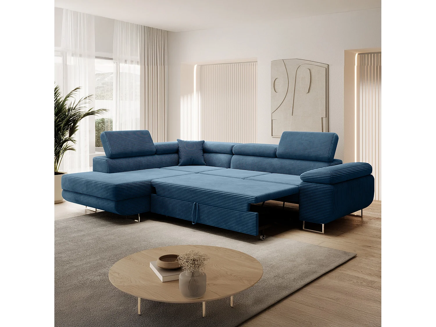 Canapé d'angle gauche convertible Marius velours côtelé Bleu