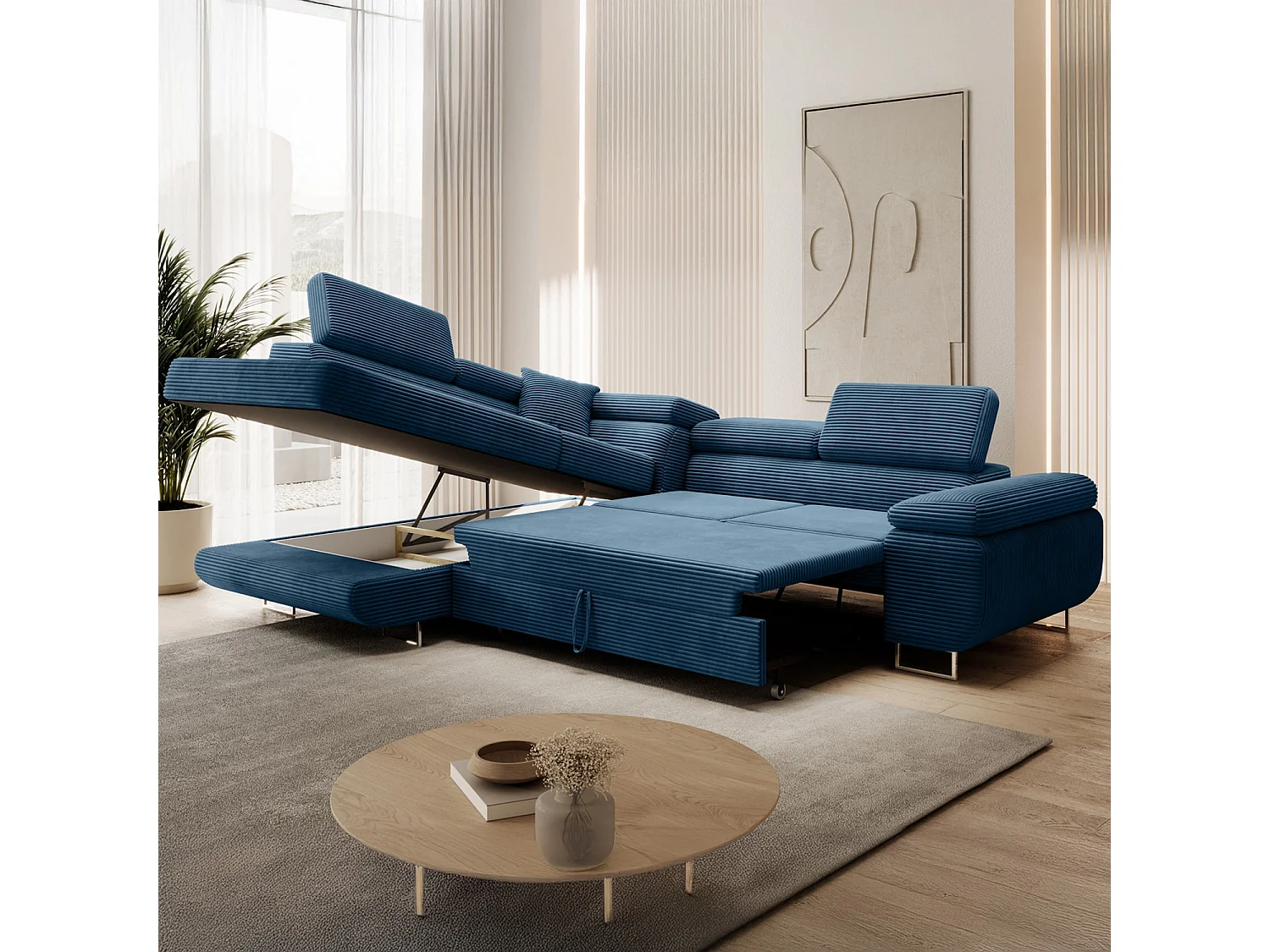 Canapé d'angle gauche convertible Marius velours côtelé Bleu