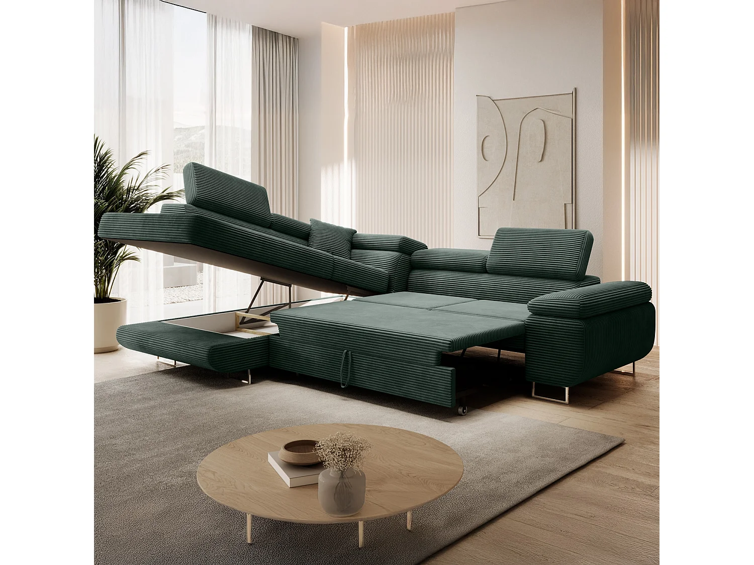 Canapé d'angle gauche convertible Marius velours côtelé Vert