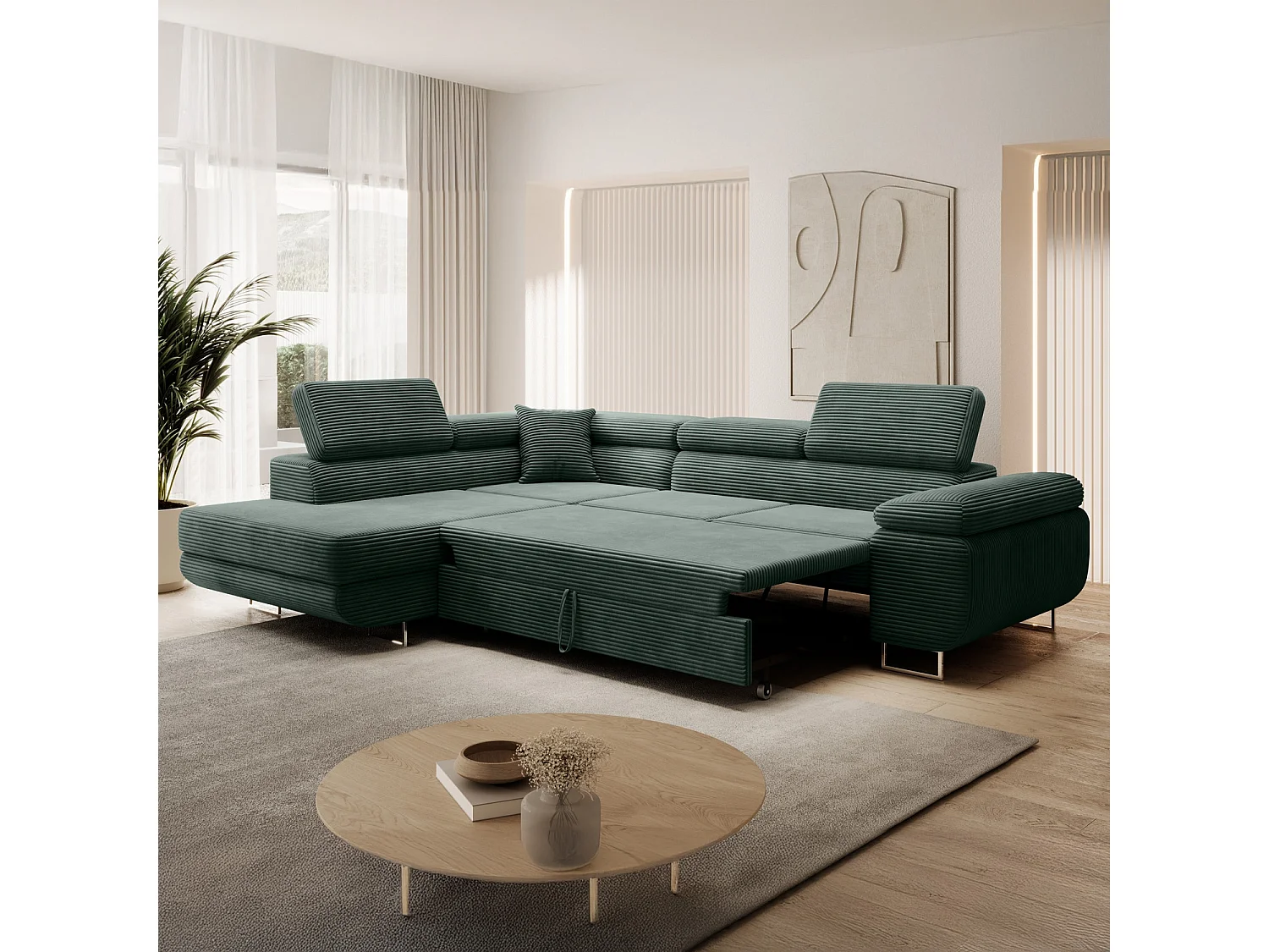 Canapé d'angle gauche convertible Marius velours côtelé Vert
